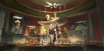 2girls absurdres ahoge anti-materiel_rifle arm_strap bare_shoulders beret bipod black_gloves black_hat black_necktie bolt_action box bracelet breasts brown_coat brown_eyes ceiling_light chalkboard chest_strap cheyanne_(girls'_frontline_2) cleavage closed_mouth coat collared_shirt commentary_request covered_navel display_case dress dsr-50_(girls'_frontline) evening_gown gift gift_box girls'_frontline girls'_frontline_2:_exilium gloves gun hat high_heels highres incredibly_absurdres indoors jewelry knife_belt large_breasts leg_up loreley_(girls'_frontline_2) low_ponytail m200_(girls'_frontline) miniskirt multiple_girls museum necktie paper pink_hair pleated_skirt ponytail purple_eyes rifle scope shirt skirt sniper_rifle standing strapless strapless_dress thigh_strap tile_floor tiles two-tone_necktie walkie-talkie weapon white_shirt wide_shot xiao_longxia_mianbao