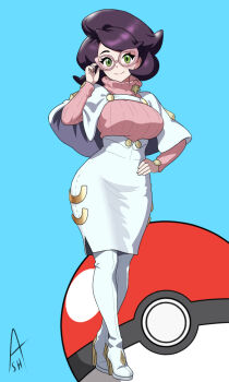 1girl adjusting_eyewear big_hair breasts burningash capelet glasses green_eyes hand_on_own_hip hand_up high-waist_skirt highres large_breasts long_sleeves mature_female medium_skirt nintendo pencil_skirt pink-framed_eyewear pink_sweater pokemon pokemon_sm purple_hair ribbed_sweater short_hair skirt smile solo sweater turtleneck turtleneck_sweater white_capelet white_skirt wicke_(pokemon)