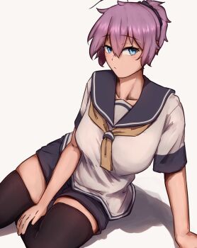 1girl ahoge aoba_(kancolle) black_scrunchie black_shorts black_thighhighs blue_eyes grey_sailor_collar hair_ornament hair_scrunchie highres ikadamo kantai_collection messy_hair neckerchief ponytail purple_hair sailor_collar sailor_shirt school_uniform scrunchie serafuku shirt shorts simple_background sitting solo thighhighs white_background white_shirt yellow_neckerchief yokozuwari