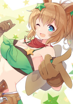 1girl :d animal_ears armband bandana bandana_around_neck bandeau bare_shoulders barufoa blue_eyes blush breasts brown_gloves brown_hair cleavage colt_single_action_army commentary_request cowboy_hat gloves green_armband green_bandeau green_skirt gun hair_ornament handgun hat hat_on_back holster holstered horse_ears horse_girl large_breasts long_hair looking_at_viewer midriff one_eye_closed open_mouth pointy_ears ponytail red_bandana revolver sheriff_badge skirt smile solo star_(symbol) star_hair_ornament taiki_shuttle_(umamusume) taiki_shuttle_(wild_frontier)_(umamusume) twitter_username umamusume weapon