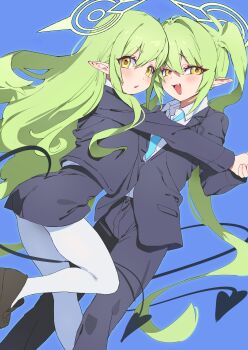 2girls :d absurdres alternate_costume aqua_necktie ass black_pants black_skirt blue_archive commentary_request cowboy_shot demon_girl demon_tail fang green_hair green_halo hair_between_eyes halo highres hikari_(blue_archive) long_hair long_sleeves looking_at_viewer multiple_girls necktie nozomi_(blue_archive) office_lady open_mouth pants pantyhose parted_lips pencil_skirt pointy_ears shirt siblings sidelocks simple_background sisters skirt smile tail tanghulu_(bbbb1123112) twins twintails white_pantyhose white_shirt yellow_eyes