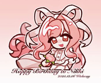 Rule 34 | 1girl, artist name, bib collar, brown eyes, buttons, character name, chibi, chinese commentary, commentary request, dated, dress, english text, eyes visible through hair, floating clothes, floating hair, flower, frilled dress, frills, gradient background, hair intakes, hair ribbon, happy, happy birthday, holding, holding flower, juliet sleeves, large ribbon, long dress, long hair, long sidelocks, long sleeves, nikki (nikki), nikki (series), open mouth, outline, pink background, pink flower, pink hair, pink rose, pleated dress, puffy sleeves, ribbon, rose, sidelocks, simple background, smile, solo, tareme, very long hair, wavy hair, white dress, white outline, white ribbon, wielacay, wind