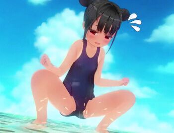 1girl 3d animated animated_gif black_hair blue_one-piece_swimsuit blue_school_swimsuit cloud custom_maid_3d_2 double_bun eguze_(sho1013) embarrassed flat_chest hair_bun loli looking_at_viewer ocean one-piece_swimsuit open_mouth original outdoors peeing peeing_self red_eyes school_swimsuit sky solo squatting steam swimsuit tan water