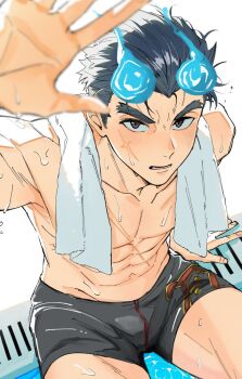 1boy bara black_eyes black_hair blue_fire facial_scar fiery_horns fire fructua_kk hand_up highres horns looking_at_viewer male_focus male_swimwear muscular muscular_male pool sakimori_toji scar scar_on_cheek scar_on_chest scar_on_face sitting solo spiked_hair swim_trunks thick_eyebrows tokyo_houkago_summoners towel towel_around_neck wet white_background
