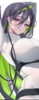 1girl arms_behind_head black_hair bodysuit breasts goddess_of_victory:_nikke green_hair guilty_(nikke) hair_behind_ear hair_between_eyes hobble large_breasts long_hair looking_at_viewer mikan03_26 multicolored_hair purple_eyes skin_tight solo two-tone_hair unfinished very_long_hair white_background white_bodysuit