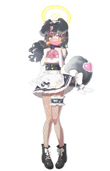 02milos02 1girl absurdres alternate_costume animal_ears bare_shoulders black_hair blue_archive blush closed_mouth dog_ears dog_girl dog_tail dress elbow_gloves embarrassed fishnet_pantyhose fishnets frilled_dress frills full_body gloves hair_ornament halo hibiki_(blue_archive) highres holding holding_tablet_pc long_hair looking_to_the_side maid nose_blush pantyhose paw_print solo standing sticker sticker_on_face tablet_pc tail tail_ornament thigh_strap white_background white_gloves yellow_halo