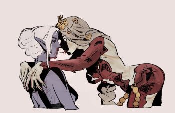 Rule 34 | 2girls, after kiss, baldur's gate, baldur's gate 3, blonde hair, blood, blood on face, blood trail, bodysuit, braid, colored skin, cowboy shot, cropped legs, cropped torso, dark elf, dungeons & dragons, elf, face-to-face, from side, hands on another's shoulders, headpiece, j jsh, leaning forward, long hair, low-braided long hair, low-tied long hair, minthara, multiple girls, nosebleed, orin the red, pointy ears, purple skin, red bodysuit, saliva, saliva trail, shaded face, short hair, simple background, single braid, tongue, tongue out, white background, white hair, yuri