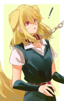 ! 1girl absurdres animal_ears bang_dream! bang_dream!_it&#039;s_mygo!!!!! belt black_arm_warmers black_sweater_vest blonde_hair border chain collar dog_ears dog_girl fang geosmichi77 hair_between_eyes highres kemonomimi_mode medium_hair misumi_uika open_mouth outside_border purple_eyes red_belt red_collar shirt short_sleeves solo sweater_vest white_border white_shirt yellow_background