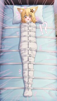 Rule 34 | !?, 1girl, animal ear fluff, animal ears, artist request, bdsm, belt, blonde hair, blush, commentary request, emphasis lines, full body, highres, immobilization, looking down, lying, on back, on bed, orange eyes, original, paw hair ornament, pillow, second-party source, sleepsack, solo, surprised