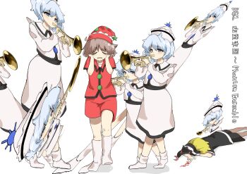 Rule 34 | 3girls, absurdres, bags under eyes, black shirt, black shorts, blonde hair, blue eyes, blue hair, boots, brown hair, closed eyes, collared shirt, commentary, covering own ears, dying message, full body, hat, highres, holding, holding instrument, holding trumpet, instrument, long sleeves, looking at another, lunasa prismriver, lyrica prismriver, meme, merlin prismriver, motutigire, multiple girls, red shirt, red shorts, shirt, short hair, shorts, siblings, simple background, sisters, skirt, standing, symbol-only commentary, touhou, translation request, trumpet, trumpet boy (meme), white boots, white hat, white shirt, white skirt