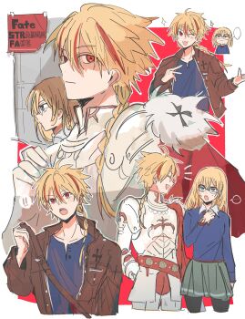 ! !! ... 1boy 1girl absurdres armor black_pantyhose blonde_hair blue_shirt braid brown_jacket cape chibi closed_mouth command_spell commentary_request copyright_name fate/strange_fake fate_(series) fur-trimmed_cape fur_trim glasses highres jacket long_hair looking_at_viewer one_eye_closed open_clothes open_jacket pantyhose profile red_cape red_eyes red_hair richard_i_(fate) round_eyewear sajou_ayaka_(fate/strange_fake) shirt siokuran smile sweatdrop