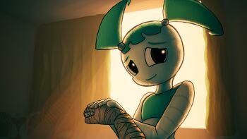 1boy 1girl absurdres bandaged_hand black_eyes blue_hair blue_shirt chair comforting crop_top cup curtains highres holding_hands hospital jenny_wakeman light_rays long_hair midriff my_life_as_a_teenage_robot nickelodeon robot shirt sleeveless sleeveless_shirt smile soandnb sunbeam sunlight table tank_top twintails upper_body window