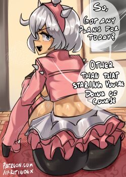 Rule 34 | 1girl, ahoge, ass, backless dress, backless outfit, blue eyes, bob cut, boots, breasts, commentary, dress, elphelt valentine, english commentary, english text, guilty gear, guilty gear strive, hairband, high heel boots, high heels, highres, huge ahoge, jacket, moxydraws, pink boots, pink jacket, short hair, shorts under dress, shoulder spikes, sideboob, smile, solo, speech bubble, spiked hairband, spiked jacket, spikes, tiara, white hair
