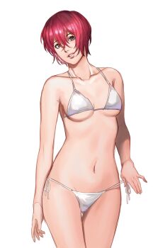1girl artist_self-insert bikini breasts collarbone commentary english_commentary grey_eyes hair_between_eyes han_soo-min_(hanny) hanny_(uirusu_chan) head_tilt highres lips navel original red_hair short_hair side-tie_bikini_bottom silver_bikini small_breasts solo swimsuit white_background