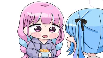 2girls ahoge black_bow blue_hair blush_stickers bow bowl braid chibi drawstring food grey_hoodie hair_bow heart heart_ahoge highres holding holding_bowl hololive hood hood_down hoodie long_hair long_sleeves low_twintails minato_aqua mochimiko multicolored_hair multiple_girls open_mouth pink_hair pointy_ears puffy_long_sleeves puffy_sleeves purple_eyes purple_hair simple_background streaked_hair sweat twin_braids twintails very_long_hair virtual_youtuber wavy_mouth white_background yukihana_lamy