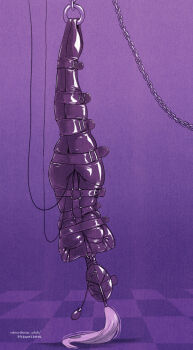 1girl arms_behind_back artist_name bdsm belt belt_buckle black_belt black_bodysuit blindfold bodysuit bondage bondage_outfit bound breasts buckle bulb_pump chain checkered_floor covered_face crotch_strap encasement full_body gimp_mask gimp_suit harness highres large_breasts latex long_hair mask original ponytail prawncrawl purple_background restrained shadow simple_background slave solo straight-on strap suspension upside-down watermark web_address white_hair wire