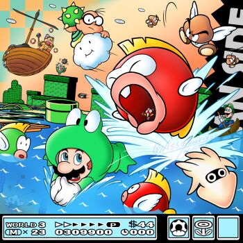 aircraft airship animal_costume baby_cheep blooper_(mario) blue_overalls boat boss_bass bridge brown_hair bullet_bill cheep_cheep closed_eyes closed_mouth cloud commentary_request deep_cheep dollar_sign english_text facial_hair fire_flower fish frog_costume frog_mario gloves green_hat green_shirt hat highres holding holding_oar holding_wand lakitu lakitu&#039;s_cloud lava_lotus luigi mario mario_(series) mini_goomba multiple_boys mustache nintendo oar open_mouth overalls paragoomba propeller seaweed shirt spike_(mario) spikes spiny_egg splashing squid super_mario_bros._3 teeth tooth upper_teeth_only wand warp_pipe water watercraft wendy_o._koopa white_gloves wings wissu_type