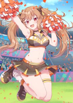 1girl :d absurdres armpits arms_up bare_shoulders black_bow black_choker black_footwear black_shirt black_skirt blurry blurry_background bow bright_pupils brown_eyes brown_hair character_name cheerleader choker clothes_writing collarbone commentary confetti crop_top cropped_shirt day full_body girls&#039;_frontline groin hair_bow hair_ornament hairclip highres holding holding_pom_poms jumping kaoling leg_warmers long_hair looking_at_viewer miniskirt navel open_mouth outdoors outstretched_arm people pleated_skirt pom_pom_(cheerleading) pom_poms scar scar_across_eye scar_on_face shirt shoes skirt sleeveless sleeveless_shirt smile solo_focus stadium star_(symbol) star_hair_ornament stomach teeth thigh_strap thighs twintails ump9_(girls&#039;_frontline) upper_teeth_only white_leg_warmers white_pupils yellow_bow