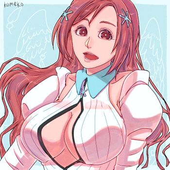 1girl angel_wings artist_name bleach bleach:_sennen_kessen-hen blue_background breasts brown_eyes brown_hair cleavage cleavage_cutout clothing_cutout detached_sleeves drawn_wings feathers hair_ornament highres inoue_orihime juliet_sleeves komeko_(strikek-lvvjm27) large_breasts long_hair long_sleeves looking_at_viewer open_mouth parted_bangs puffy_sleeves smile snowflake_hair_ornament snowflake_ornament solo upper_body vest white_sleeves white_vest wings