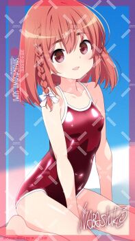1girl adversarial_noise artist_name blue_background braid breasts character_name commentary_request competition_school_swimsuit cowboy_shot highres inaba_shiki kanojo_okarishimasu looking_at_viewer one-piece_swimsuit red_eyes red_hair red_one-piece_swimsuit sakurasawa_sumi school_swimsuit side_braid signature sitting small_breasts smile solo swimsuit thick_eyebrows watermark watermark_grid