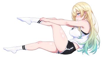 1girl aizawa_ema aqua_hair bare_arms black_shorts blonde_hair blue_eyes breasts closed_mouth commentary_request dolphin_shorts from_side full_body gradient_hair hair_flaps highres large_breasts long_hair long_sidelocks multicolored_hair no_shoes p-nekoe short_shorts shorts sidelocks simple_background sitting smile socks solo tank_top virtual_youtuber vspo! white_background white_socks white_tank_top