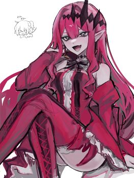 1girl absurdres ass baobhan_sith_(fate) baobhan_sith_(first_ascension)_(fate) bare_shoulders breasts detached_sleeves dress fate/grand_order fate_(series) grey_eyes highres large_breasts long_hair looking_at_viewer open_mouth pointy_ears rami_(zwndu0) red_dress red_hair sitting solo thighhighs