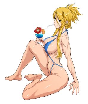 1girl arm_support bare_legs barefoot blonde_hair blue_eyes blue_one-piece_swimsuit blurry breasts cleavage covered_erect_nipples criss-cross_halter curvy drink drinking drinking_straw eyes_visible_through_hair female_focus flower folded_ponytail food from_side fruit full_body hair_between_eyes halterneck hip_bones large_breasts lens_flare lilith-soft long_hair looking_at_viewer navel nipples o-ring o-ring_swimsuit one-piece_swimsuit orange_(fruit) orange_slice outdoors perky_breasts ponytail shiny_skin sidelocks simple_background sitting slingshot_swimsuit solo sweat swimsuit taimanin_(series) taimanin_asagi taimanin_asagi_kessen_arena touko_von_messerschmitt white_background zol