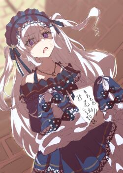 1girl alternate_hairstyle anger_vein blue_dress bow commentary_request dress frilled_dress frills furrowed_brow gothic_lolita hair_over_one_eye hairband hands_up highres holding holding_sign holding_sketchbook indoors k_(tan3gt) lolita_fashion lolita_hairband long_hair long_sleeves looking_at_viewer mahou_shoujo_no_majo_saiban natsume_an-an open_mouth polka_dot polka_dot_bow purple_eyes sign sketchbook sleeves_past_fingers sleeves_past_wrists solo standing two_side_up white_hair