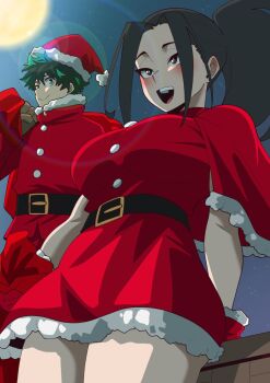 1boy 1girl bag black_hair boku_no_hero_academia christmas commentary dress english_commentary green_bean_1498 green_hair hat highres midoriya_izuku night santa_costume santa_hat yaoyorozu_momo