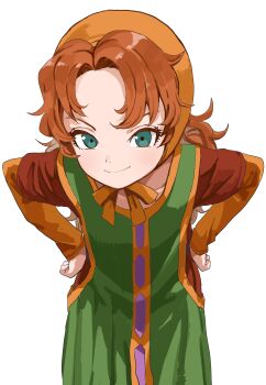 1girl absurdres brown_hair closed_mouth collarbone commentary_request dragon_quest dragon_quest_vii green_eyes green_tabard highres long_hair long_sleeves maribel_(dq7) orange_bonnet simple_background smile solo tabard white_background yamamoto_souichirou