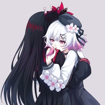 2girls beret black_hair black_hat black_shirt black_skirt bulouxi10818 cherry_blossoms chinese_commentary commentary_request cowboy_shot flower gradient_hair grey_background hair_flower hair_ornament hat highres hug long_hair long_sleeves mahou_shoujo_no_majo_saiban multicolored_hair multiple_girls nikaido_hiro pink_eyes pink_hair red_flower sakuraba_ema shirt short_hair simple_background skirt white_flower white_hair x_hair_ornament