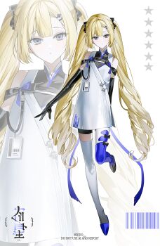 Rule 34 | 1girl, :o, absurdres, artist logo, asymmetrical footwear, barcode, bare shoulders, black gloves, black shoes, blonde hair, blue pantyhose, blue shoes, chaseong, commentary, dress, elbow gloves, full body, gloves, grey eyes, highres, id card, leg up, logo, long hair, looking at viewer, mismatched footwear, original, pantyhose, shoes, short dress, single leg pantyhose, single thighhigh, sleeveless, sleeveless dress, solo, standing, standing on one leg, star (symbol), thighhighs, twintails, white background, white dress, white thighhighs, zoom layer