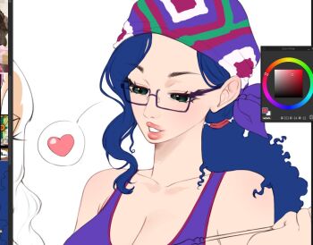 Rule 34 | 1girl, angelplushie, art program in frame, blue hair, breasts, commentary, eyelashes, glasses, headscarf, heart, holding, holding smoking pipe, large breasts, one piece, parted lips, paula (one piece), pink lips, ponytail, purple tank top, single sidelock, smoking pipe, solo, spoken heart, tank top, upper body