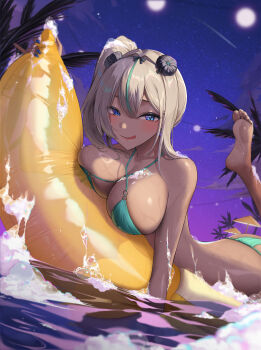 absurdres banana_boat bikini blue_eyes blue_nails breast_press breasts brown_dust_(series) brown_dust_2 commentary dark-skinned_female dark_skin foot_up gani1127 green_bikini grey_hair highres hugging_object large_breasts looking_at_viewer lying multicolored_hair nail_polish nebris_(brown_dust_2) on_stomach ponytail side_ponytail soap_bubbles soles swimsuit toes tongue tongue_out wet