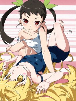 2girls :o bare_arms barefoot blonde_hair blue_one-piece_swimsuit blush blush_stickers breasts brown_hair closed_mouth collarbone green_ribbon hachikuji_mayoi hair_ribbon highres legs_up loli long_hair looking_at_viewer lying monogatari_(series) multiple_girls on_back one-piece_swimsuit open_mouth oshino_shinobu oshinobi_shinobu pink_background red_eyes ribbon signature small_breasts smile strap_slip striped_background swimsuit twintails two-tone_background watanabe_akio_(style) white_background white_one-piece_swimsuit yellow_eyes