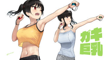 2girls armpits black_hair blue_camisole breasts camisole commentary_request copyright_name crop_top crop_top_overhang dated exercising fang gaki_kyonyuu highres holding holding_stopwatch joy-con kaedeko_(kaedelic) large_breasts midriff multiple_girls navel one_eye_closed open_mouth oppai_loli original outstretched_arm playing_games ponytail red_eyes sasaki_kanna sasaki_miyuki short_hair siblings signature simple_background sisters skin_fang sleeveless stopwatch sweat text_background twintails watch white_background yellow_camisole