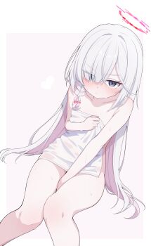 1girl absurdres black_eyes blue_archive blush braid cinamon_(cinamori) collarbone colored_inner_hair commentary_request hair_over_one_eye halo heart highres long_hair looking_at_viewer multicolored_hair naked_towel pink_hair plana_(blue_archive) pout red_halo red_pupils simple_background single_braid sitting solo towel wet wet_towel white_hair