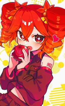 1girl apple black_shirt black_skirt black_sleeves blush buttons chromatic_aberration commentary cowboy_shot crossed_bangs detached_sleeves double-parted_bangs drill_hair fang film_grain food fruit hair_between_eyes hair_ornament heart highres holding holding_food holding_fruit kasane_teto kasane_teto_(utau) leaf_hair_ornament long_sleeves medium_hair meme open_mouth pleated_skirt pocket red_eyes red_hair red_trim sanpaku shigure_(rinky_creater) shirt shoulder_tattoo skin_fang skirt skirt_set sleeveless sleeveless_shirt smile solo sparkling_eyes symbol-only_commentary tattoo twin_drills twitter_rabbit_ears_(meme) utau