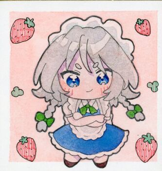 1girl apron blue_eyes blue_skirt blue_vest blush border bow braid chibi closed_mouth collared_shirt commentary_request crossed_arms food fruit full_body green_bow green_ribbon grey_hair hair_bow izayoi_sakuya maid maid_headdress multiple_hair_bows outside_border painting_(medium) pink_background pppppks ribbon shirt short_hair short_sleeves side_braids skirt smile solo standing straight-on strawberry touhou traditional_media vest watercolor_(medium) white_apron white_border white_shirt