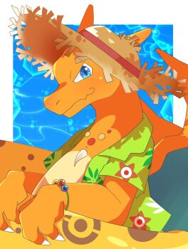 blue_background blue_eyes border bracelet charizard claws closed_mouth clothed_pokemon commentary_request gen_1_pokemon green_shirt hat hawaiian_shirt highres innertube jewelry looking_at_viewer necklace nintendo no_humans pokemon pokemon_(creature) satou_(7kaedenosatou) shirt solo straw_hat swim_ring white_border