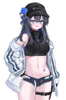 1girl absurdres baseball_cap belt black_gloves black_hair black_hat black_shirt black_shorts blue_eyes blue_flower blush breasts cowboy_shot crop_top cropped_shirt fingerless_gloves flower gloves hat hat_flower headphones headphones_around_neck highres jacket large_breasts long_sleeves looking_at_viewer midriff navel off_shoulder open_clothes open_jacket open_mouth original pocari_(sq551) shirt short_shorts shorts simple_background sleeveless sleeveless_shirt solo thigh_belt thigh_strap vrchat white_background white_jacket