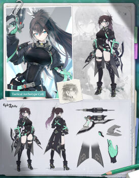 Rule 34 | 1girl, asymmetrical legwear, belt, black hair, blue eyes, breasts, character name, coli (epic seven), commentary, concept art, copyright name, covered navel, dual wielding, english commentary, epic seven, gloves, gunblade, high ponytail, highres, holding, ice, jacket, large breasts, legband, leotard, long hair, multicolored gloves, multiple belts, official alternate costume, official art, ponytail, solo, tactical archetype coli, thighhighs, two-tone gloves, walkie-talkie, weapon