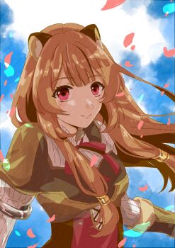 1girl absurdres animal_ear_fluff animal_ears armor armored_gloves black_dress blue_sky blunt_bangs breastplate breasts brown_armor brown_gloves brown_hair closed_mouth cloud cloudy_sky commentary day dress elbow_gloves floating_hair gloves highres layered_dress leather_armor long_hair looking_at_viewer medium_breasts metal_arm_cuffs metal_hair_tubes outdoors pauldrons pink_eyes pinstripe_dress pinstripe_pattern raccoon_ears raccoon_girl raphtalia red_dress shoulder_armor single_pauldron sky smile solo tate_no_yuusha_no_nariagari two-tone_dress upper_body user_jntp2743 white_dress