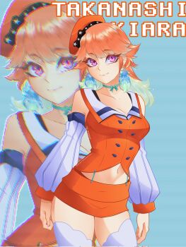 1girl aqua_background aqua_choker aqua_hair beret breasts character_name choker cleavage closed_mouth colored_inner_hair crop_top detached_sleeves earrings feather_earrings feathers hat highres hololive hololive_english jewelry medium_breasts midriff miniskirt multicolored_hair navel orange_hair orange_hat orange_skirt purple_eyes skirt smile solo stargazeren streaked_hair takanashi_kiara takanashi_kiara_(1st_costume) thighhighs virtual_youtuber white_thighhighs zettai_ryouiki zoom_layer