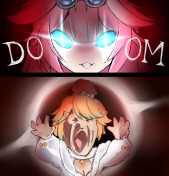 absurdres ai-generated_art_(topic) ash_baby_(meme) blue_eyes earrings feather_earrings feathers frostyjeiik glowing glowing_eyes highres hololive hololive_english jewelry meme multicolored_hair multiple_girls orange_hair pink_hair raora_panthera takanashi_kiara virtual_youtuber