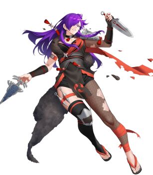 1girl black_choker breasts choker cleavage clenched_teeth damaged female_shez_(fire_emblem) female_shez_(ninja)_(fire_emblem) fire_emblem fire_emblem:_three_houses fire_emblem_heroes fire_emblem_warriors:_three_hopes fishnet_pantyhose fishnets fur_scarf hair_bun hair_over_one_eye highres holding holding_kunai holding_weapon japanese_clothes kunai long_hair medium_breasts nintendo non-web_source official_alternate_costume official_art pantyhose purple_eyes purple_hair sandals scarf single_fishnet_legwear single_leg_pantyhose solo teeth torn_clothes torn_pantyhose v-shaped_eyebrows very_long_hair weapon