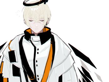 Rule 34 | 1boy, arknights, bishounen, blonde hair, closed eyes, closed mouth, coat, crossed bangs, detached wings, earpiece, executor (arknights), facing viewer, hair between eyes, halo, high collar, jacket, male focus, mechanical halo, mtk (souko), short hair, simple background, solo, squeans, upper body, white background, white coat, white jacket, wings