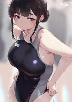 3girls black-framed_eyewear black_hair black_one-piece_swimsuit blue_eyes breasts closed_mouth collarbone commentary_request competition_swimsuit jonsun large_breasts mole mole_under_each_eye mole_under_eye multiple_girls multiple_moles one-piece_swimsuit original sidelocks solo_focus swimsuit tamami_(jonsun)