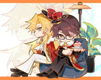 2boys alternate_costume ascot black_pants black_shoes blonde_hair border brown_hair chinese_commentary closed_mouth coat commentary_request couch dress_shoes eyes_visible_through_hair full_body fur-trimmed_coat fur_trim green_eyes hat honkai:_star_rail honkai_(series) lamp letterboxed long_hair long_sleeves looking_at_viewer male_focus mini_hat mini_top_hat multicolored_hair multiple_boys official_alternate_costume orange_border orange_eyes outside_border pants plant potted_plant qieazhibingjiling red_coat red_hat shoes sitting smile streaked_hair top_hat very_long_hair void_archives welt_yang white_ascot white_pants white_streaks zoom_layer