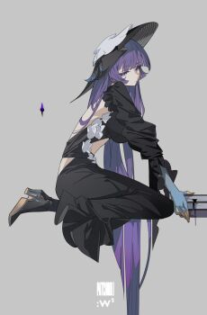1girl alternate_costume back_cutout black_boots black_dress black_hat blue_gloves blunt_bangs book boots breasts character_name clothing_cutout commentary_request dress expressionless flower frills from_side full_body gloves grey_background hat highres holding holding_book large_breasts long_dress long_hair long_sleeves looking_at_viewer patchouli_knowledge purple_eyes purple_hair reeh_(yukuri130) seiza sitting solo stomach_cutout straight_hair touhou very_long_hair white_flower